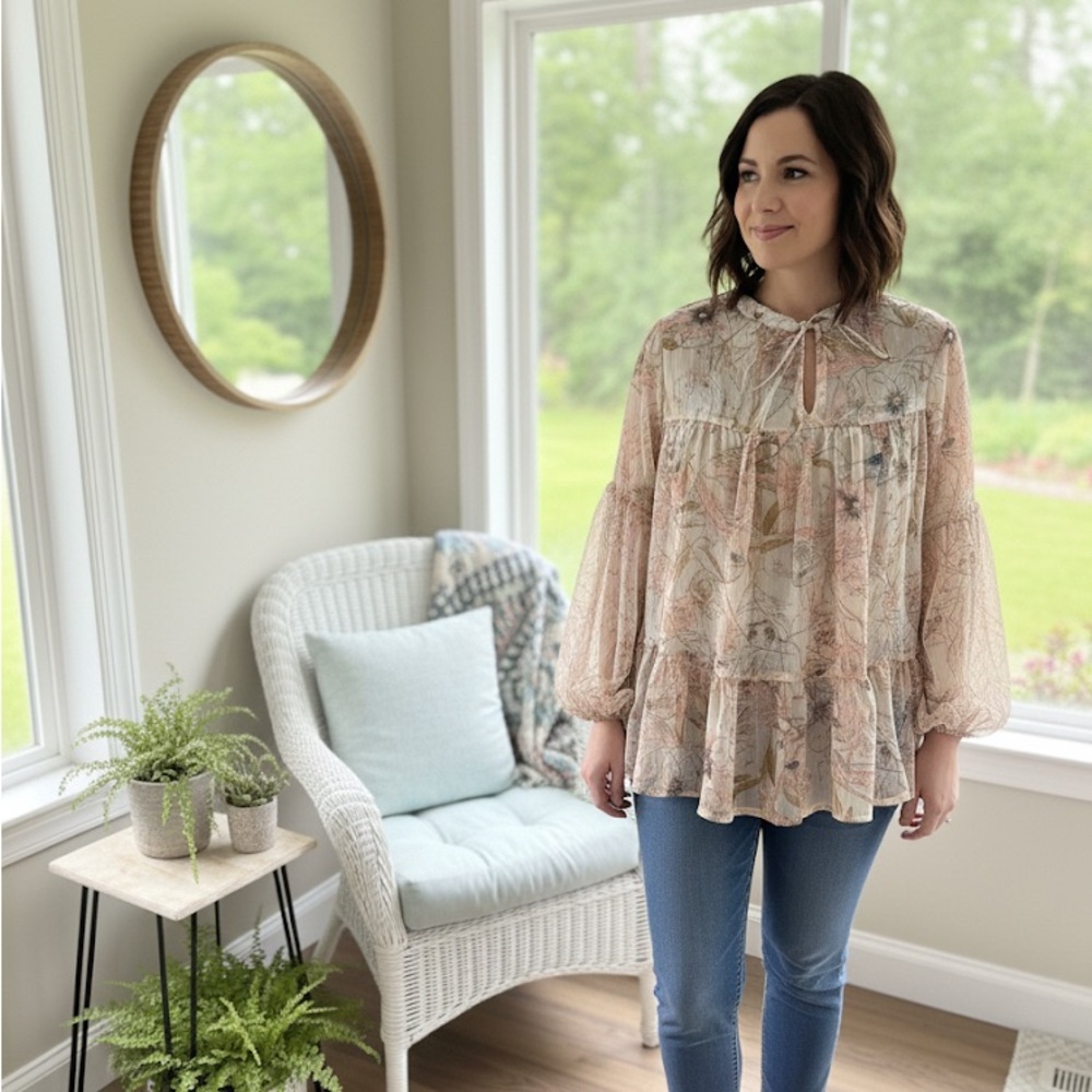 Lucky Brand Cream,  coral and tan Floral tiered Blouse.